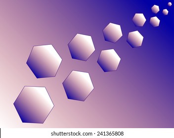 Eleven blue and purple hexagons (polyhedra) increase diagonally.