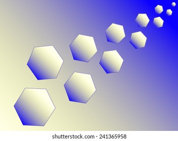 Eleven blue and yellow hexagons (polyhedra) increase diagonally.