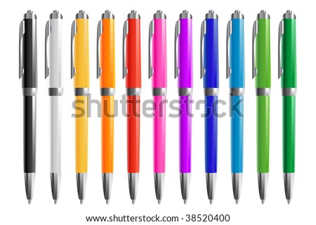 eleven colorfull pens in the row