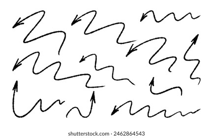 Eleven curved handwritten arrows of different shapes. Set of vector doodles and squiggles