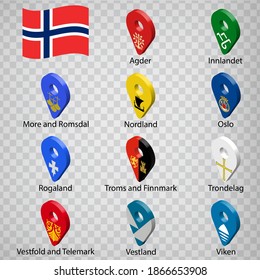 Eleven flags the Counties of Norway -  alphabetical order with name.  Set of 3d geolocation signs like flags Regions of Norway.  Five 3d geolocation signs for your design. EPS10