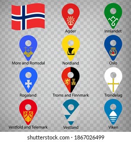 Eleven flags the Counties of Norway -  alphabetical order with name.  Set of 2d geolocation signs like flags Regions of Norway.  Eleven 2d geolocation signs for your design. EPS10