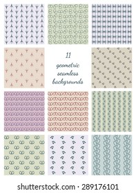 Eleven geometric seamless backgrounds. Set of repeatable different patterns in tender colors. Vector ornaments collection. Endless textures. Vector file is EPS8.
