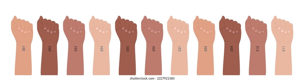 Eleven hands with bent fingers and tatooed wrist. Different skin colors. Multiethnicity, multinationality. Numbers from one to eleven tattoo. Chipping and control people concept. Vector illustration.