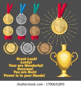 Eleven images and six inscriptions for creating compositions on the theme of victories and achievements. Icons, symbols, emblems, badges. Collection of vector pictures.