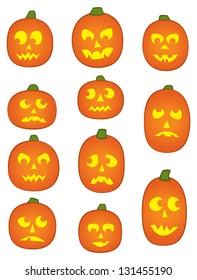Eleven Jack o' Lantern Pumpkins with funny and mean facial expressions.
