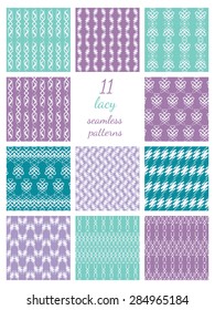 Eleven lacy seamless patterns. Set of repeatable backgrounds in tender colors with various lace shapes. Ornaments collection. Abstract geometric patterns. Endless textures. Vector file is EPS8.