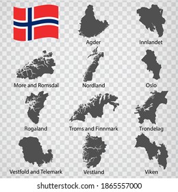 Eleven Maps Regions of Norway- alphabetical order with name. Every single map of  County are listed and isolated with wordings and titles. Norway. EPS 10.