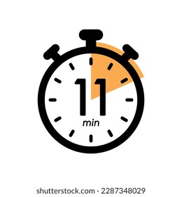 eleven minutes stopwatch icon, 11 min waiting time, timer symbol, cooking time, cosmetic or chemical application time vector design element