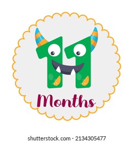 Eleven months old - Baby Milestone card. Cute design with green little monster illustration.