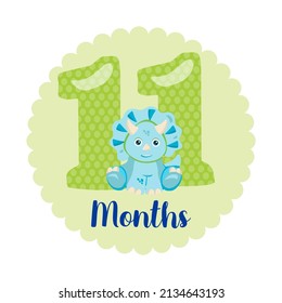 11 meses de edad - Tarjeta de hitos para bebés. Diseño bonito con una pequeña ilustración de dino.