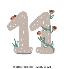 Once. Número 11. Resumen alfabeto de matemáticas. Ilustración del vector gráfico infantil escolar. Diseño de fuentes matemáticas con flores.
