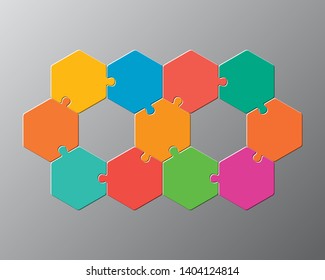 Eleven pieces puzzle hexagonal diagram. Hexagon business presentation infographic. 11 steps, parts, pieces of process diagram. Section compare banner. Jigsaw puzzle info graphic. Marketing strategy.