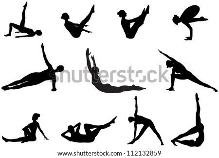 Eleven pilates silhouettes of working out and stretching on the white background