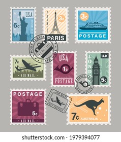 eleven postage stamps set icons