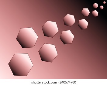 Eleven red hexagons (polyhedra) increase diagonally.