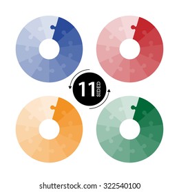 Eleven sided flat monocolor puzzle presentation infographic charts in left counterclockwise rotation isolated on white background. Vector graphic template.