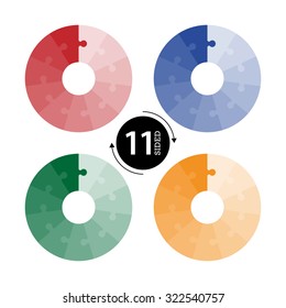 Eleven sided flat monocolor puzzle presentation infographic charts in right clockwise rotation isolated on white background. Vector graphic template.