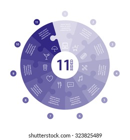 Eleven Sided Flat Monocolor Puzzle Presentation Infographic Chart. Numbered With Icons And Explanatory Text Isolated On White Background. Vector Graphic Template.