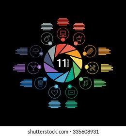 Eleven sided flat shutter diagram template for your business presentation with text areas and icons. Editable vector infographic graphic design. Black background.