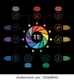 Eleven sided flat shutter diagram template for your business presentation with text areas and icons. Editable vector infographic graphic design. Black background.