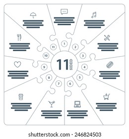 Eleven Sided, Numbered Flat Line Puzzle Presentation Infographic Chart With Explanatory Text Field Isolated On White Background. Vector Graphic Template.