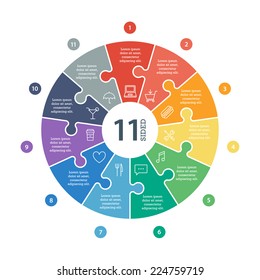 Eleven sided, numbered flat rainbow spectrum colored puzzle presentation infographic chart with explanatory text field isolated on white background. Vector graphic template.