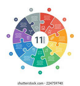 Eleven sided, numbered flat rainbow spectrum colored puzzle presentation infographic chart with explanatory text field isolated on white background. Vector graphic template.