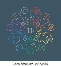 Eleven sided, numbered flat rainbow spectrum colored puzzle presentation infographic chart  isolated on dark background. Vector graphic template.