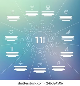 Eleven sided, numbered gradient puzzle presentation infographic chart with explanatory text field. Vector graphic template.