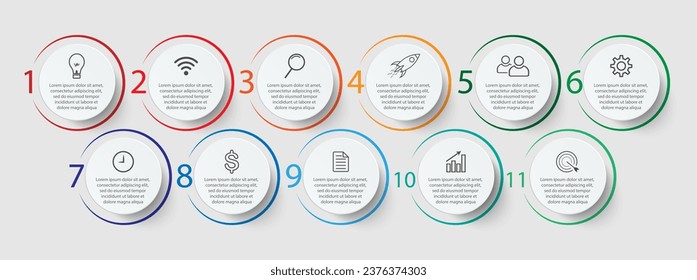 elf Stufen-Infografik-Design, einfache Infografik-Vorlage, mit verschiedenen Farben, Linien, Symbolen und Zahlen, geeignet für Ihre Geschäftsvorträge