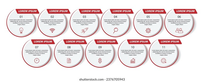 eleven step infographic, simple design, lines, colors, icons, suitable for your business presentation