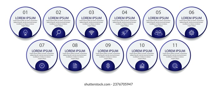 eleven step infographic, simple design, lines, colors, icons, suitable for your business presentation