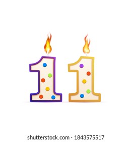 Eleven years anniversary, 11 number shaped birthday candle with fire isolated on white