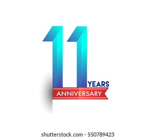 eleven years anniversary celebration logotype blue colored with red ribbon. 11th birthday logo on white background