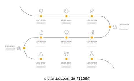 Um cronograma de onze etapas para avaliar a implementação de um projeto ou plano de negócios. Infográficos para a apresentação, um relatório na forma de uma rota sequencial. Linha do tempo moderna