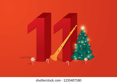 the eleventh day of christmas of the twelve days of Christmas/advent calendar greetings template vector/illustration