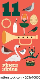 Undécimo día de Navidad de los Doce días de la plantilla de diseño navideño vector, ilustración