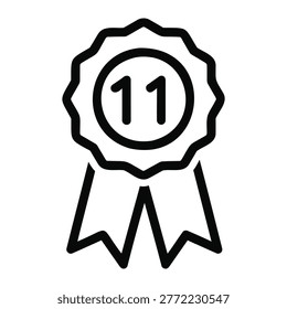 Eleventh place winner ribbon icon with a number eleven in the center on a white background for competitions and awards