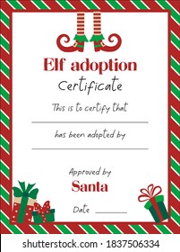 Elf adoption cerificate template with cute elf legs and christmas gifts elements on white background. Hand drawn flat vector illustration.