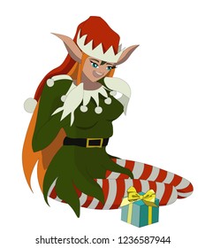 Elf anime girl receiving a gift for Christmas