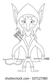 Elf archer standing with bow and arrows and smiling, funny comic cartoon character, black contour on white background. Vector illustration