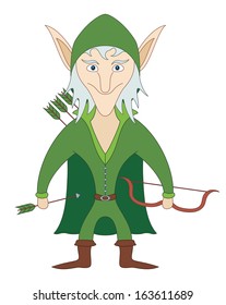 Elf archer standing with bow and arrows and smiling, funny comic cartoon character. Vector