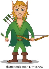 Elf Archer Standing with Bow and Arrows and Smiling, Funny Comic Cartoon Character. Vector