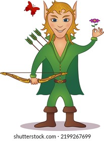Elf Archer Standing with Bow and Arrows, Butterfly and Flower, Fantasy Funny Comic Cartoon Character. Vector