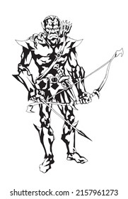 An elf in armor with a bow in his hands isolated on a white background. Traced graphic drawing.