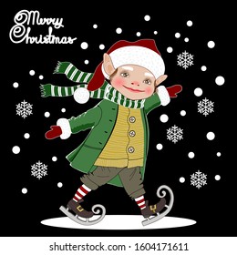 Elf,  balancing, about to fall while ice skating at the north pole in a green coat, winter hat, mittens, striped scarf and socks, christmas card on black background with snowflakes