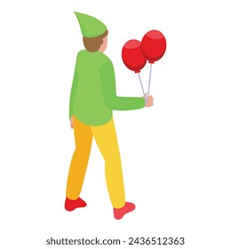 Elf mit Ballons Icon isometrischen Vektor. Jubelnder Elfencharakter. Fröhlicher Urlaubsgeist