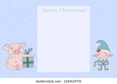 Elf with a bell on a snowy background. Elf congratulates on the holiday.