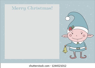 Elf with a bell on a snowy background. Elf wishes a happy holiday. Merry Christmas. Merry Christmas. Christmas card, congratulation, poster, banner.